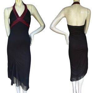 Vintage 90s Y2K Black Mermaid asymmetrical Hem Halter Dress Maroon Trim Small